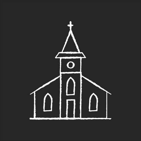 Catholic church chalk white icon on black background. Religious establishment with cross on roof. Christian town chapel. Gospel for congregation. Isolated vector chalkboard illustrationのイラスト素材