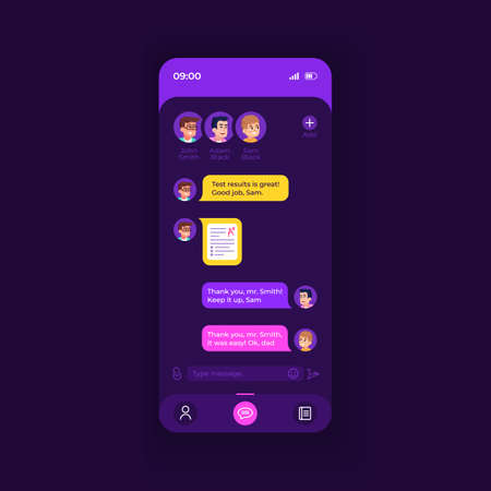 Internet communication application smartphone interface vector template. Mobile app page dark theme design layout. Online chat screen. Flat UI for application. Users correspondence on phone displayのイラスト素材