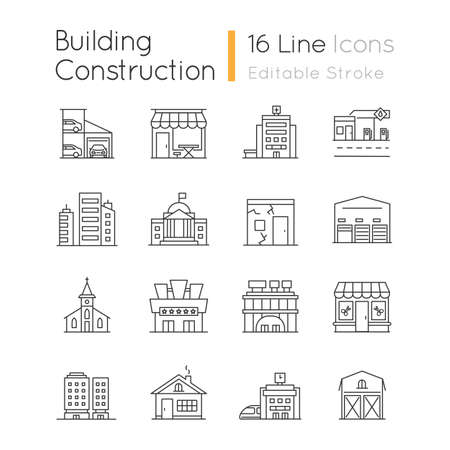 Industrial buildings pixel perfect linear icons set. High rise skyscrapers. Car parking. Cinema theater. Customizable thin line contour symbols. Isolated vector outline illustrations. Editable strokeのイラスト素材