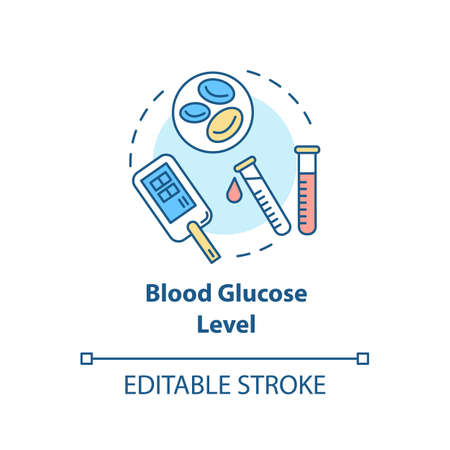 Blood glucose level concept icon. Cardiovascular disease, diabetes mellitus idea thin line illustration. Hypoglycemia symptom monitoring. Vector isolated outline RGB color drawing. Editable strokeのイラスト素材