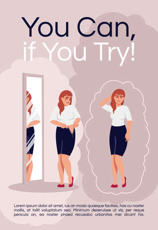 You can if you try poster template. Woman stress, overweight problem commercial flyer design with semi flat illustration. Slimming, weight loss vector cartoon promo card. Advertising invitationのイラスト素材
