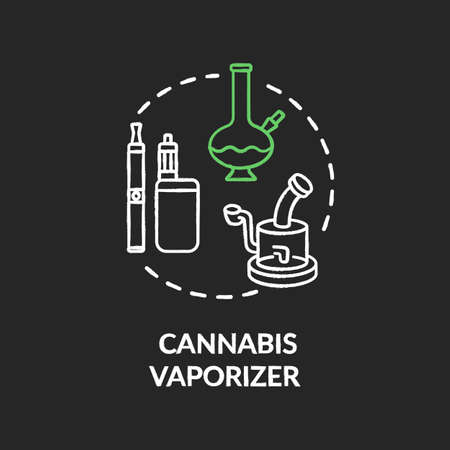 Cannabis vaporizer chalk RGB color concept icon. Marijuana extract smoking, vaping idea. Smoking marihuana with bong, e cigarette. Vector isolated chalkboard illustration on black backgroundのイラスト素材