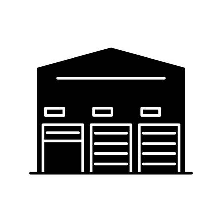 Self storage unit black glyph icon. Industrial building entrance. Open and closed roller doors on warehouse. Storing facility. Silhouette symbol on white space. Vector isolated illustrationのイラスト素材