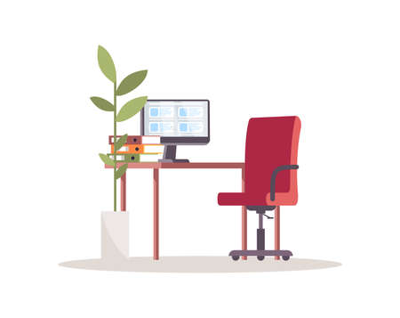 Corporate workplace semi flat RGB color vector illustration. Desktop with computer monitor in company. Employee desk with documents. Office workspace isolated cartoon object on white backgroundのイラスト素材