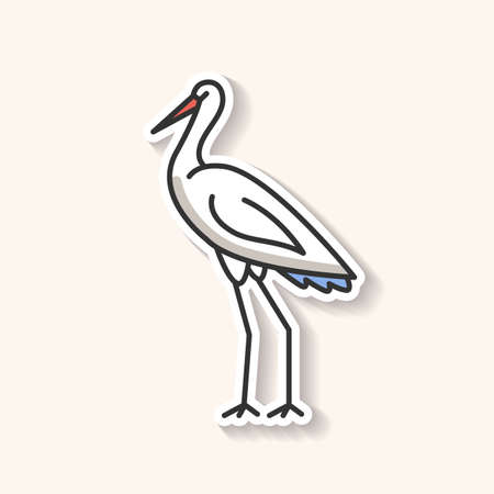 Crane bird patch. Heron standing in pose. Elegant animal in stance. Japanese bird with beak and long neck. Fauna and wildlife. RGB color printable sticker. Vector isolated illustrationのイラスト素材