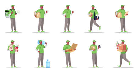 Postal and supply delivery flat vector illustrations set. Water in bottle for cooler. Pizza delivery. Mail carrier. Male african courier in green uniform isolated cartoon one character kitのイラスト素材