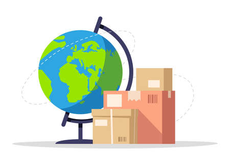 International delivery semi flat RGB color vector illustration. Worldwide cargo distribution. Courier service with global shipping. Cardboard packages isolated cartoon object on white backgroundのイラスト素材
