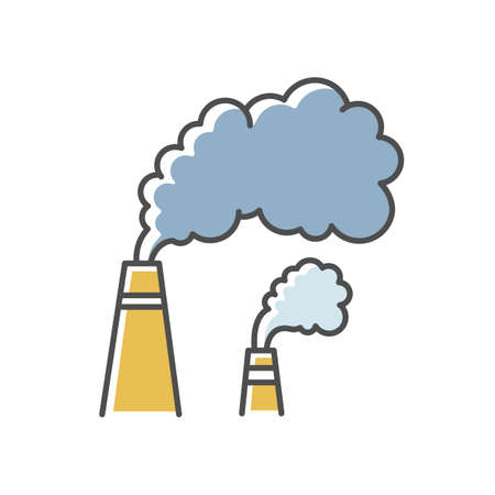 Smoke RGB color icon. Urban smog, industrial air pollution, environment contamination. Bad city weather. Chimneys emitting toxic fumes isolated vector illustrationのイラスト素材
