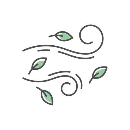 Windy weather RGB color icon. Autumn season meteo forecast, meteorology. Wind speed and strength prediction. Cool breeze with leaves isolated vector illustrationのイラスト素材