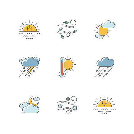 Weather forecast RGB color icons set. Sky condition and temperature prediction. Day and night atmospheric precipitation, wind speed. Isolated vector illustrationsのイラスト素材