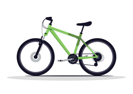 Green bike semi flat RGB color vector illustration. Outdoor riding vehicle. Transport for extreme sport. Exercise gear for active lifestyle. Classic bicycle isolated cartoon object on white backgroundのイラスト素材