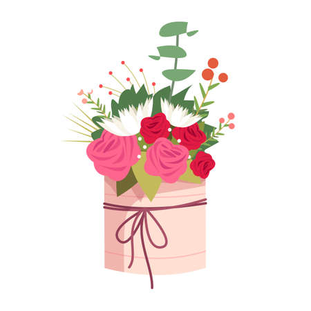 Flower bouquet in vase semi flat RGB color vector illustration. Floral present for valentine. Wedding centerpiece. Romantic floral gift for delivery isolated cartoon object on white backgroundのイラスト素材