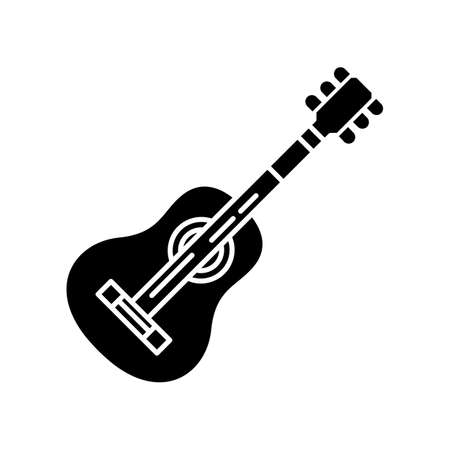 Acoustic guitar black glyph icon. Classical string musical instrument. Rock music festival. Live pop band performance. Perform song. Silhouette symbol on white space. Vector isolated illustrationのイラスト素材