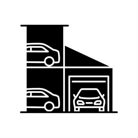 Car parking lot black glyph icon. Full storage at shopping center for transport. Mall drive slots. Multilevel carpark building. Silhouette symbol on white space. Vector isolated illustrationのイラスト素材