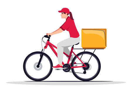 Female bike courier in red semi flat RGB color vector illustration. Caucasian worker with package on bicycle. Fast food home shipping. Delivery woman isolated cartoon character on white backgroundのイラスト素材
