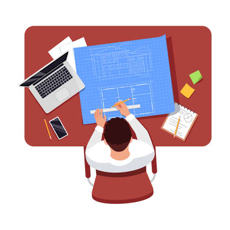 Architect draw plan semi flat RGB color vector illustration. Worker at work table. Man with blueprint and stationery. Builder isolated cartoon character top view on white backgroundのイラスト素材