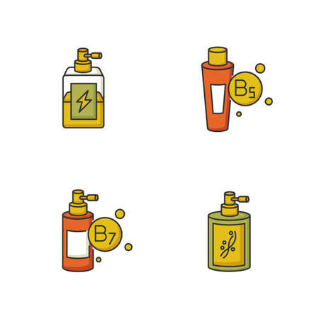 Hair oils RGB color icons set. Antistatic sprayer in bottle. B5 panthenol ointment. B7 biotic cosmetic product. Liquid silicon in bottle with sprayer. Isolated vector illustrationsのイラスト素材