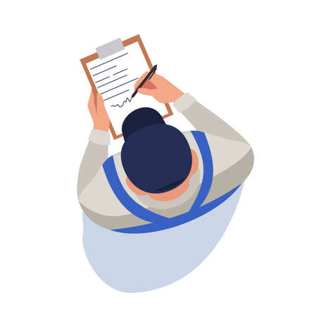 Worker with clipboard semi flat RGB color vector illustrationのイラスト素材