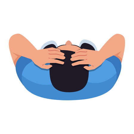 Stressed man semi flat RGB color vector illustration. Unhappy employee in blue shirt. Worried man hold head. Person reacting to accident. Male isolated cartoon character top view on white backgroundのイラスト素材