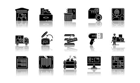 Inventory tracking drop shadow black glyph icons set.. Warehousing, goods receipt and purchase returns. Financial accounting and inventory control. Isolated vector illustrations on white spaceのイラスト素材