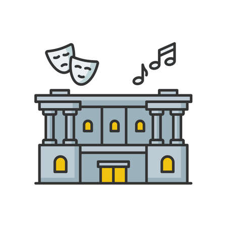 Cultural center RGB color icon. Theater performance. Opera modern building exterior. Classic architecture. Entertainment event. Drama concert. Theatre premier show. Isolated vector illustrationのイラスト素材