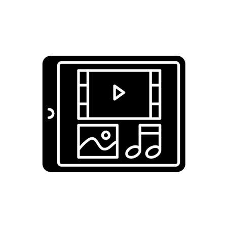 Multimedia black glyph icon. Tablet display with menu navigation. Digital technology. Electrical gadget screen. Photo, video on device. Silhouette symbol on white space. Vector isolated illustrationのイラスト素材