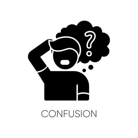 Confusion black glyph icon. Thinking of question. Man in doubt. Frustrated facial expression. Psychological problem. Puzzled person. Silhouette symbol on white space. Vector isolated illustrationのイラスト素材
