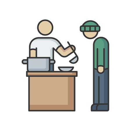Food bank RGB color icon. Humanitarian aid to homeless people. Volunteer to work at social service program. Public welfare activist. Giving food to poor person. Isolated vector illustrationのイラスト素材