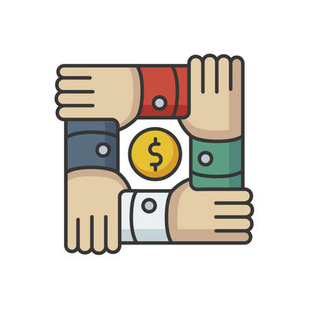 Community foundation RGB color icon. Cooperation in team. Collaboration for social service. People support and union. Invest money, financial aid. Volunteer organization. Isolated vector illustrationのイラスト素材