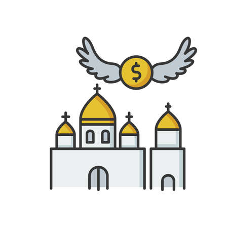 Church donation RGB color icon. Charity for religious community. Contribution to christian congregation. Offer money to support holy ceremony. Invest in chapel. Isolated vector illustrationのイラスト素材