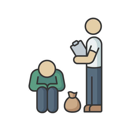 Service for homeless RGB color icon. Social service to help poor people. Volunteering to give beggar free humanitarian aid. Rescue unemployed person. Sharing donation. Isolated vector illustrationのイラスト素材
