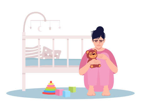 Crying young mother semi flat RGB color vector illustrationのイラスト素材