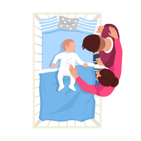 Parent watch infant sleep semi flat RGB color vector illustration. Caucasian newborn in bed. Mother and father with baby. Family isolated cartoon characters top view on white backgroundのイラスト素材