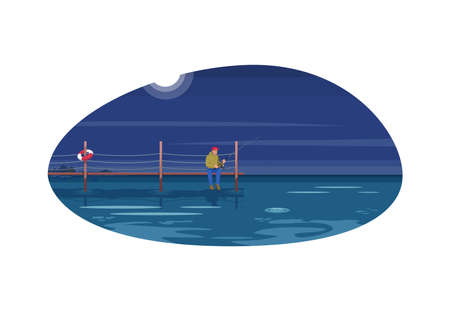 Man on bridge during night semi flat vector illustrationのイラスト素材