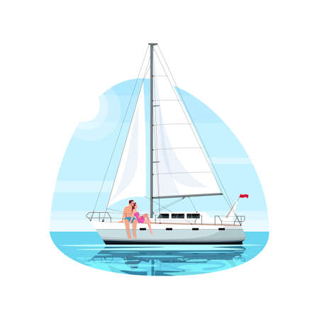 Couple on regatta semi flat vector illustrationのイラスト素材