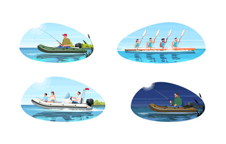 Boat types for activity semi flat vector illustration set. Teamwork for canoe competition. Family relax on speedboat. Man fishing with rod. Hobby 2D cartoon characters for commercial useのイラスト素材