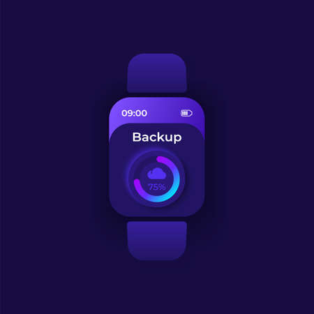 System backup smartwatch interface vector template. Mobile app notification night mode design. Files copying process screen. Flat UI for application. Server uploading progress on smart watch displayのイラスト素材