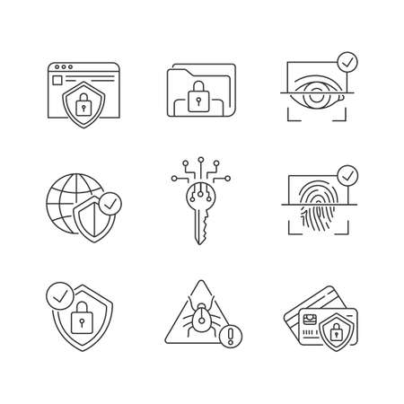 Security system pixel perfect linear icons set. Personal information and online banking protection. Customizable thin line contour symbols. Isolated vector outline illustrations. Editable strokeのイラスト素材