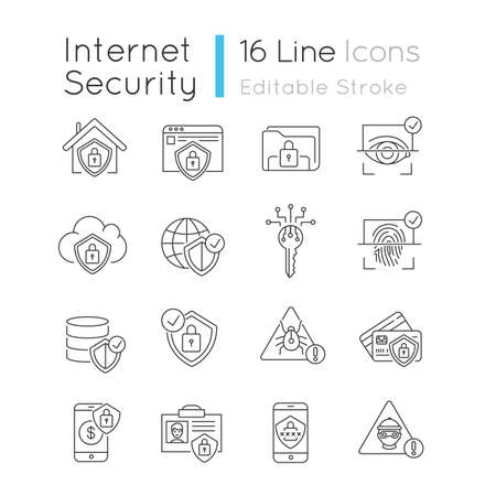Internet security system pixel perfect linear icons set. Computer protection. Cybersecurity technology. Customizable thin line contour symbols. Isolated vector outline illustrations. Editable strokeのイラスト素材