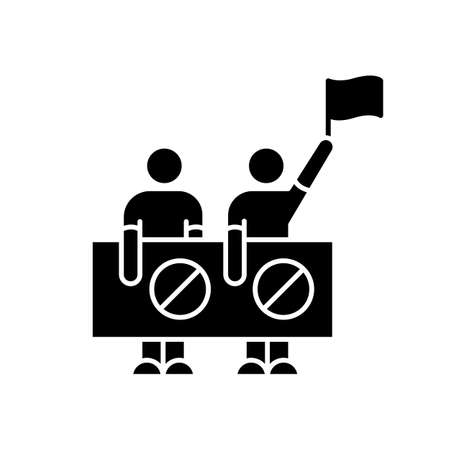 Human right protection black glyph icon. People protest. Public demonstration. Collective movement. Picket to raise awareness. Silhouette symbol on white space. Vector isolated illustrationのイラスト素材
