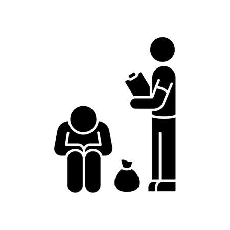 Service for homeless black glyph icon. Social service to help poor people. Volunteering to give humanitarian aid. Sharing donation. Silhouette symbol on white space. Vector isolated illustrationのイラスト素材