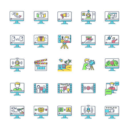 Video production RGB color icons set. Internet blog content. Promotional, informational and entertainment videography. Isolated vector illustrationsのイラスト素材