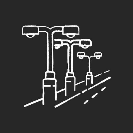 Street lighting chalk white icon on black background. Lamp pillar row in public area. Downtown night modern lantern. Electric system. City infrastructure. Isolated vector chalkboard illustrationのイラスト素材