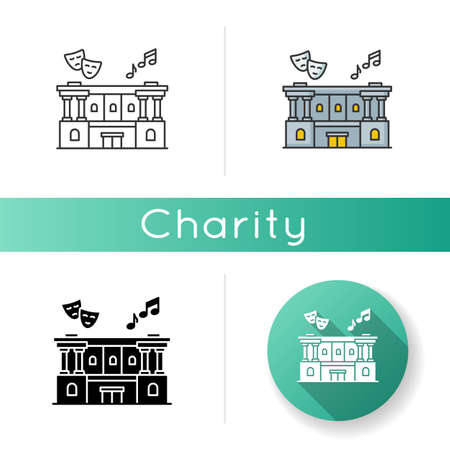 Cultural center icon. Theater performance. Opera modern building exterior. Classic architecture. Entertainment event. Drama concert. Linear black and RGB color styles. Isolated vector illustrationsのイラスト素材