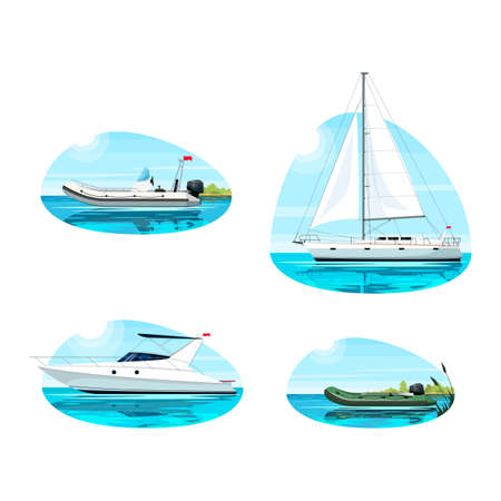 Boat for recreation semi flat vector illustration set. Boat in ocean for rental. Regatta for summer relaxation. Inflatable speed boat for fishing. Maritime 2D cartoon objects for commercial useのイラスト素材
