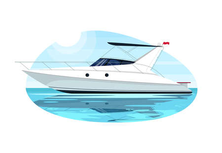 Luxury speedboat semi flat vector illustration. Fast boat for cruise. Private yacht for summer recreation. Maritime vessel. Ocean transport. Premium sailboat 2D cartoon object for commercial useのイラスト素材