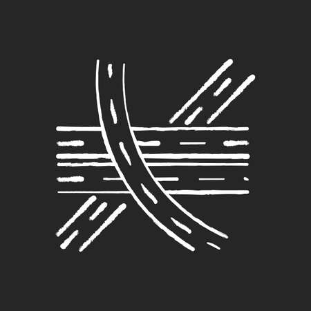 Multi level junction chalk white icon on black background. Highway system. Multiple tarmac roads. Drive on crossroad. Route for transport. Roadway direction. Isolated vector chalkboard illustrationのイラスト素材