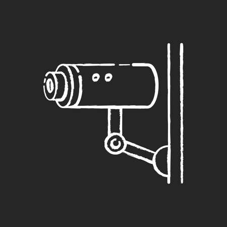 Video surveillance chalk white icon on black background. Security camera for private safety. CCTV for monitoring area. Observe zone for danger of theft. Isolated vector chalkboard illustrationのイラスト素材