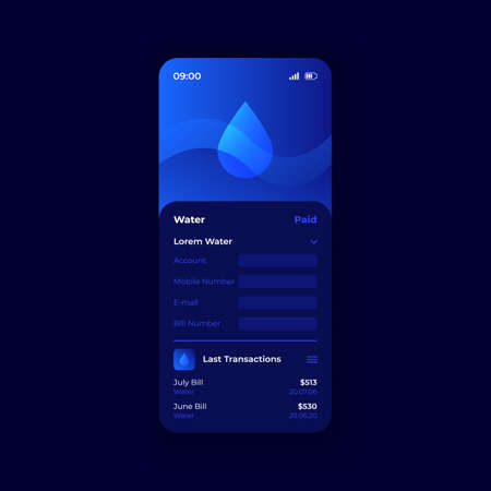 Water bills smartphone interface vector template. Mobile app page blue design layout. Money online management screen. Flat UI for application. Credit card notifications. Phone displayのイラスト素材