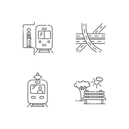 City transportation pixel perfect linear icons set. Subway station. Highway multi level junction. Customizable thin line contour symbols. Isolated vector outline illustrations. Editable strokeのイラスト素材